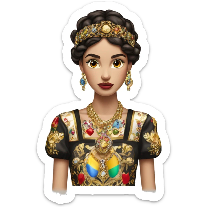 Dolce and Gabbana Italian model with dark hair and headband with colourful ornament and golden detais  sticker