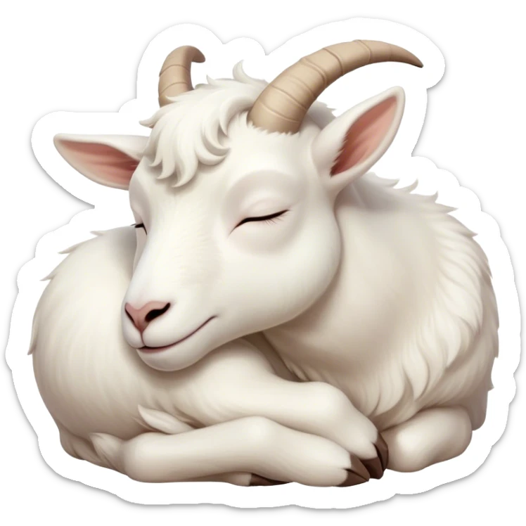 Meme-Worthy Cute Sleeping White Goat Portrait Emoji, Head resting peacefully with a contented smile, showcasing a delightfully sturdy build and a luxuriously soft white fur, eyes shut in a serene, restful nap, Simplified yet hilariously adorable features, highly detailed, glowing with a soft, drowsy light, high shine, relaxed and utterly lovable, stylized with an air of playful laziness, bright and heartwarming, soft glowing outline, capturing the essence of a comically sleepy goat, so meme-worthy it feels like it could instantly become the next viral sensation of adorable slumber! sticker