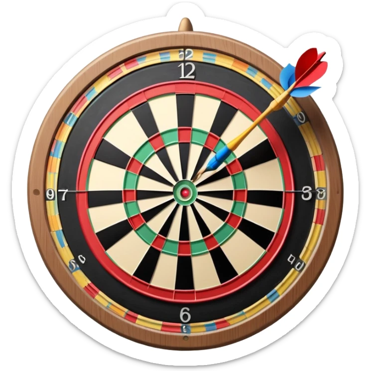 A dartboard with darts firmly stuck in the bullseye, surrounded by the colorful sections of the target. The background conveys a competitive atmosphere, with a subtle focus on precision and skill in the game of darts. sticker