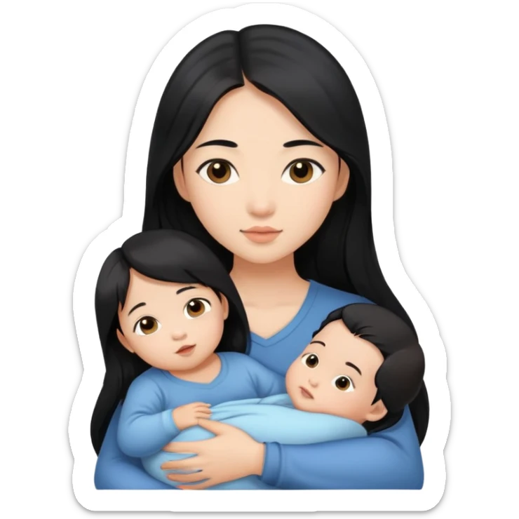 Beautiful Asian girl with long black hair and brown eyes holding baby boy in her arms sticker
