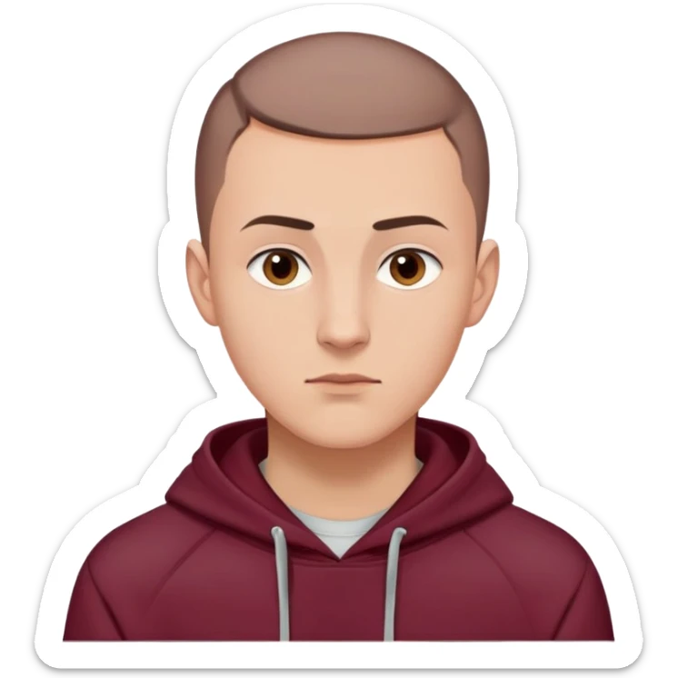 European male youth, maroon hoodie up, short brown buzzcut, smooth skin, oval face, strong jawline, high cheekbones, sharp focused eyes, straight eyebrows, calm neutral look sticker