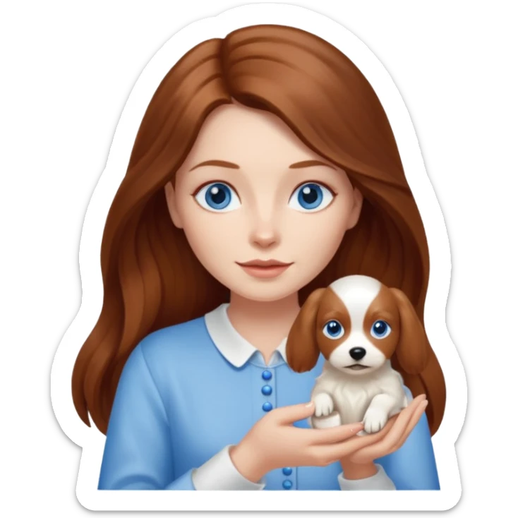 long hair chestnut color blue eyes woman holding small cream dog sticker