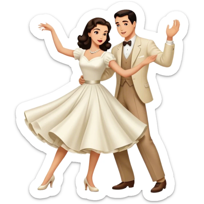 Beautiful woman in 1950’s woman fashion look, white dress, long dark brown hair, balboa couple dance  sticker
