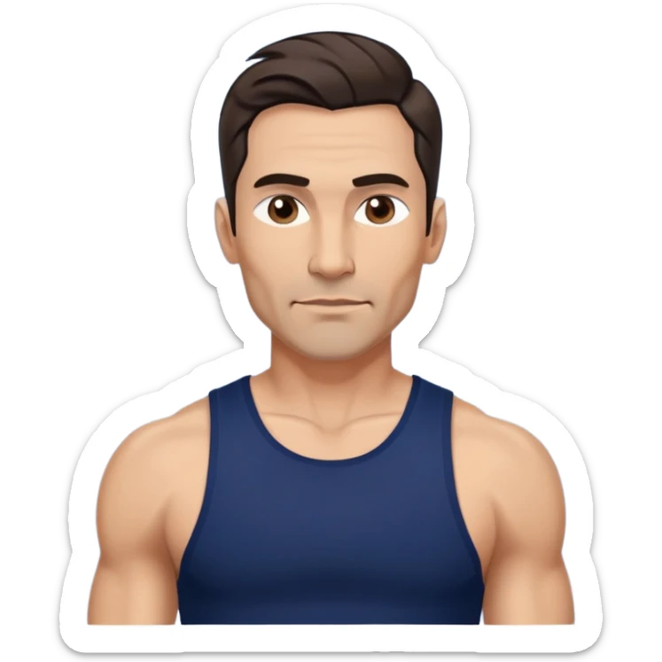 Athletic 40-year-old man with light brown skin, elongated face, strong jawline. Confident expression with medium dark eyes, arched eyebrows. Wavy dark hair in modern cut. Wearing a navy blue tank top showing fit physique. sticker