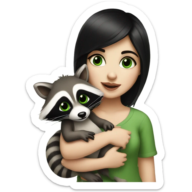 girl with black hair and pale skin with green eyes holding cute baby raccoons sticker