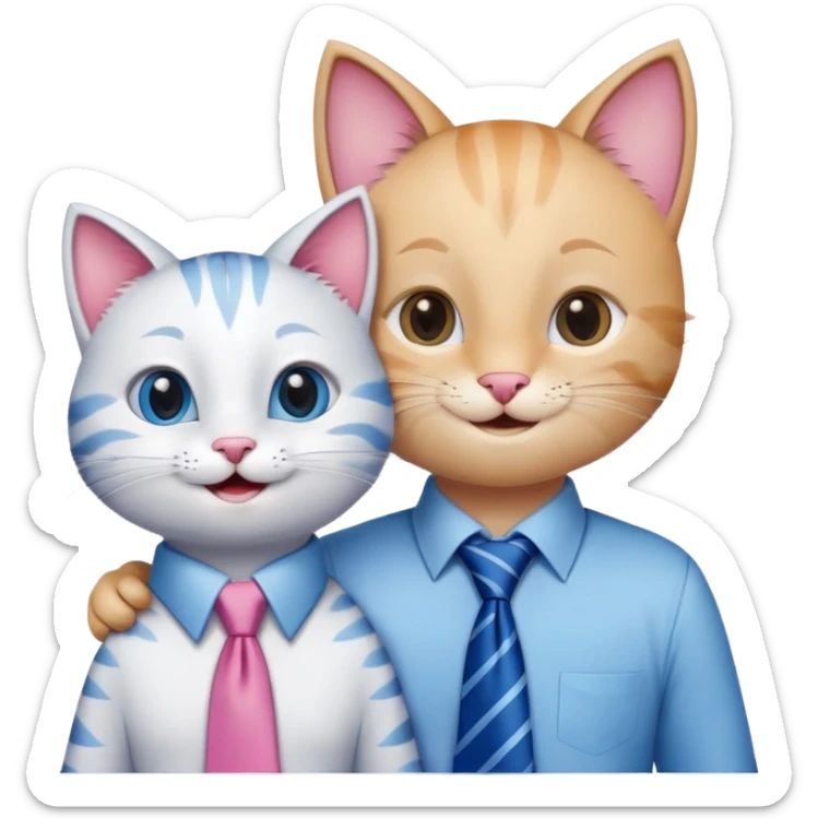 happy girl cat with eyelashes wearing a pink necktie and happy boy cat wearing a blue necktie, standing close together, both smiling sticker