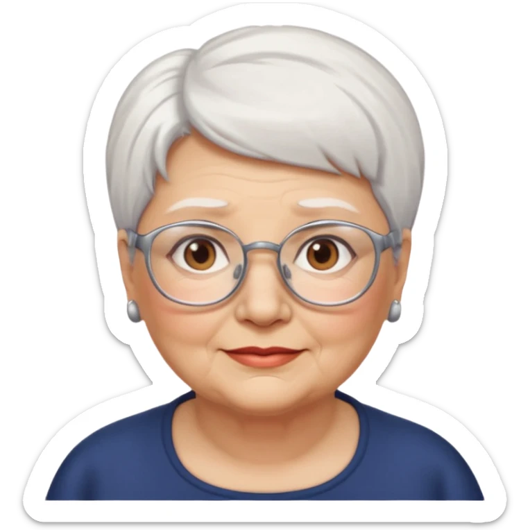 Create me emoji of an old mid-fat lady. Short white hair to left side. Square glasses. Brown eyes. Without any earings. Long head sticker