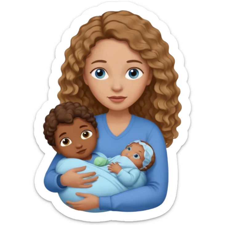 Mom with blue eyes and wavy hair carting brown skinned newborn baby sticker
