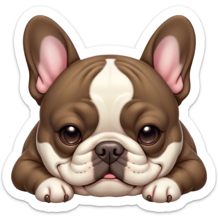 Cinematic Meme-Worthy Chubby Sleeping Brindle French Bulldog Portrait Emoji, Head resting peacefully with a contented smile, showcasing a delightfully chubby build and a luxuriously soft brindle coat with subtle fawn highlights, eyes shut in a serene nap, Simplified yet hilariously adorable features, highly detailed, glowing with a soft, drowsy light, high shine, relaxed and utterly lovable, stylized with an air of playful laziness, bright and heartwarming, soft glowing outline, capturing the essence of a comically sleepy companion, so meme-worthy it feels like it could instantly become the next viral sensation of adorable slumber! sticker