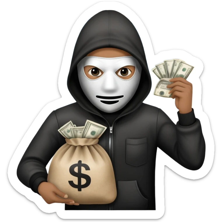 A rober with a money bag in black and white dirt and a sky mask  sticker