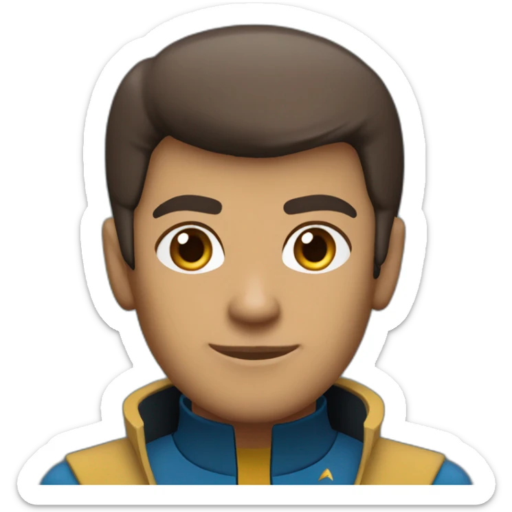 Sri Lankan Spock from Star Trek, chocolate brown skin, short spiky hair, pointy ears, blue jacket sticker