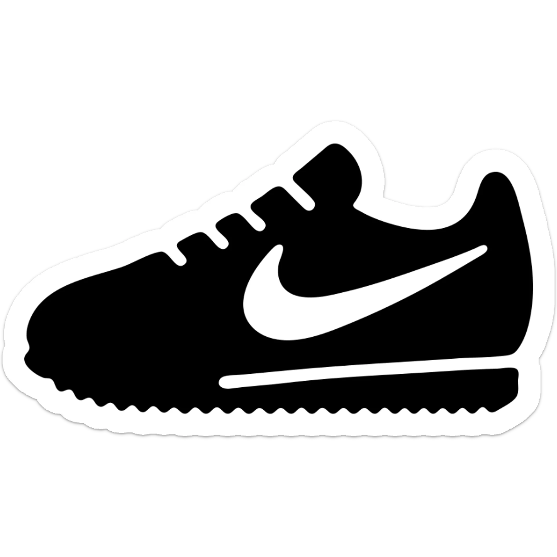 A pair of Nike Cortez sneakers in a black filled icon style, with a checkmark. sticker