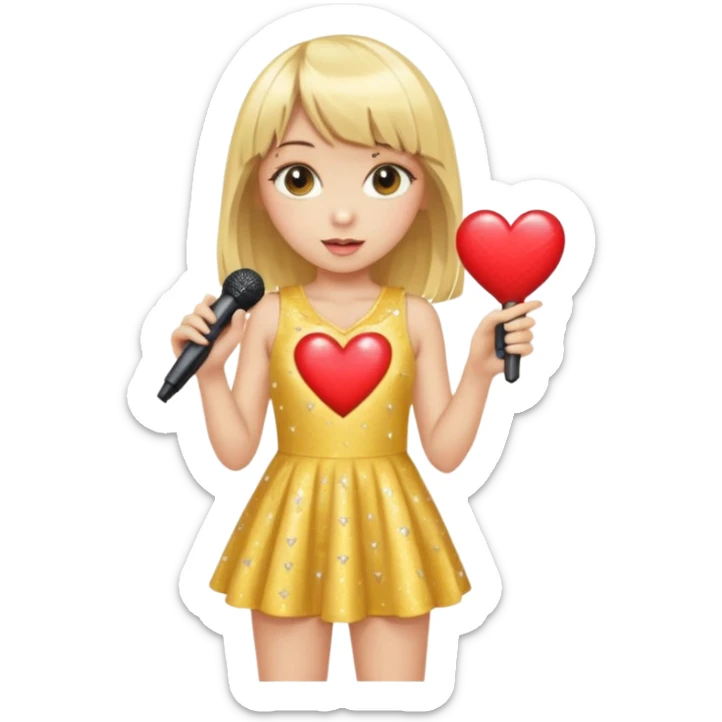yellow, sparkly mini dress with a heart cutout, blonde hair girl with bangs, and a jeweled microphone with a red heart sticker