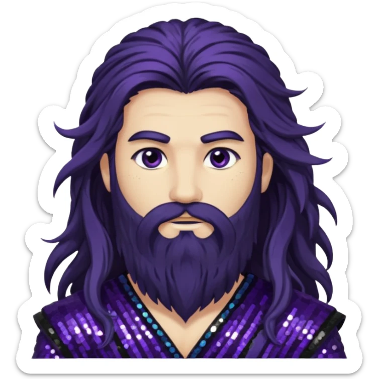 Boreas, God of North Wind from Gods and Goddesses with long black shaggy hair and beard, dark purple sequin outfit sticker