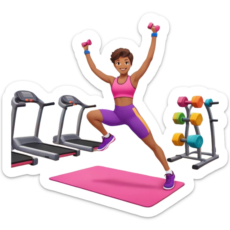 An energetic person performing an aerobics workout in a brightly lit gym, jumping and stretching with enthusiasm. The scene includes vibrant fitness equipment like dumbbells and exercise mats, with a background of cheerful, motivating colors, conveying energy and movement. sticker