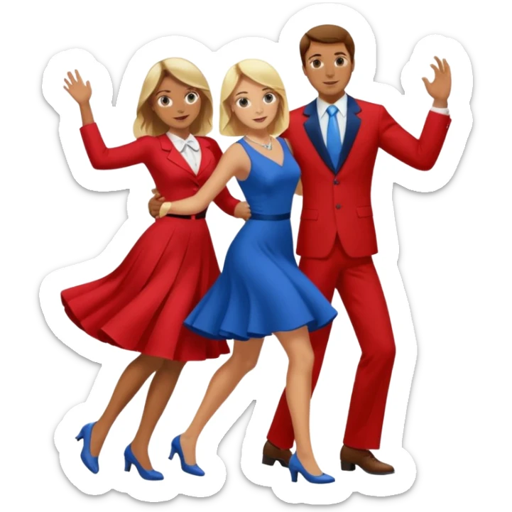 Two people. Man wearing all  RED with brown hair. Women  ALL blue with blond hair. Swing Dancing.  sticker