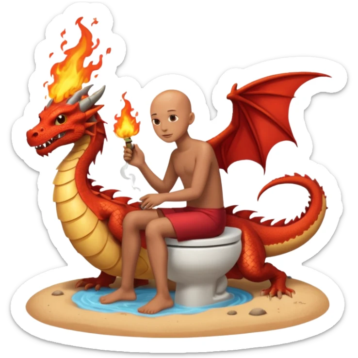 Una persona sin pelo sentada en un vater en una isla de sierta con un dragón escupiendo fuego sticker
