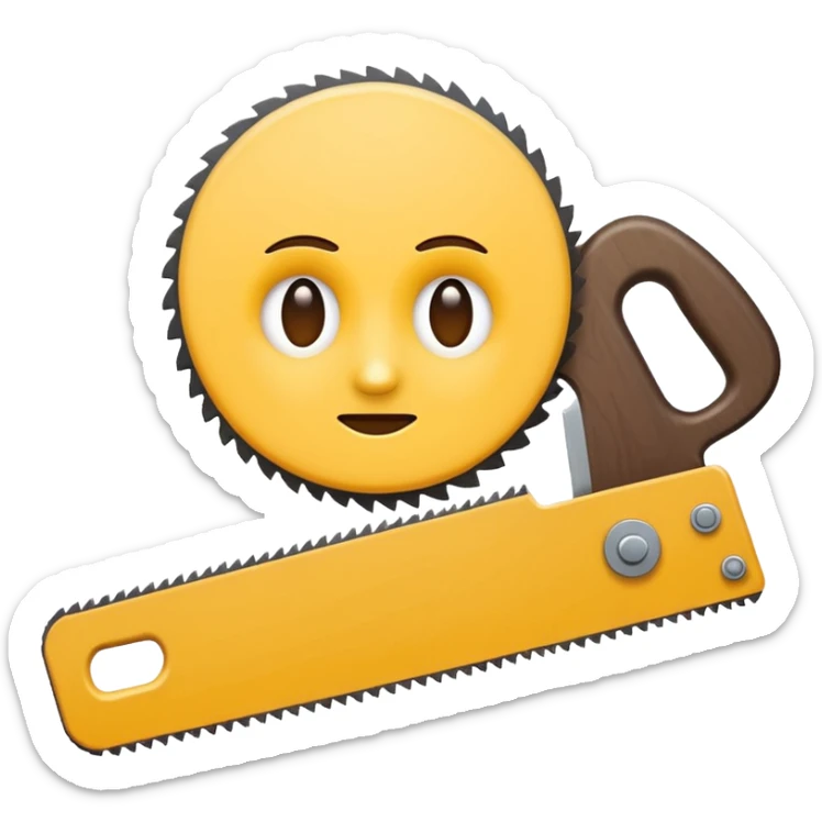 Combine the concept of indecision and a woodworking hand saw. The emoji should clearly show hesitation or uncertainty (e.g. a confused facial expression, or a split decision gesture) integrated with a classic wood saw. Simple, clean emoji style, bold shapes, minimal details sticker