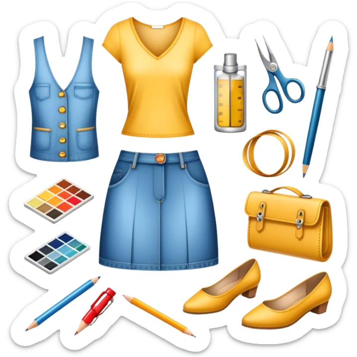 Icon for Fashion Design: sketches of clothing, shoes, and accessories with design tools like a pencil, fabric swatches, and a measuring tape. The icon should represent creativity in fashion design and tailoring. Transparent background. sticker