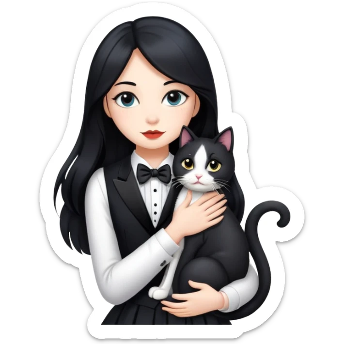 A beautiful girl with long black hair wearing a dress hugs a tuxedo cat sticker
