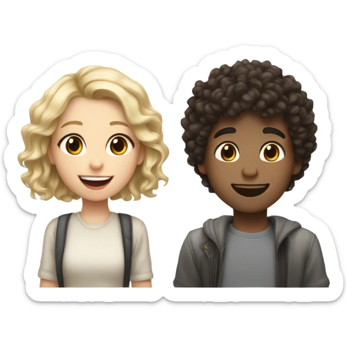 Shorter girl with dark brown curly hair standing next to taller white blond boy smiling with tongue out couple photo sticker