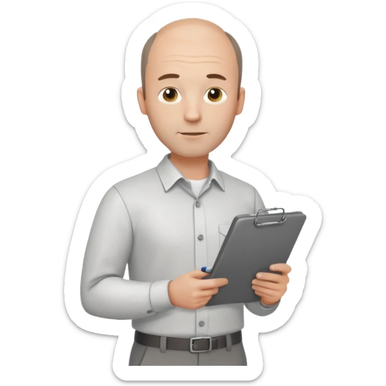 man mid 30's shirt and trousers balding hairline standing holding a clipboard sticker