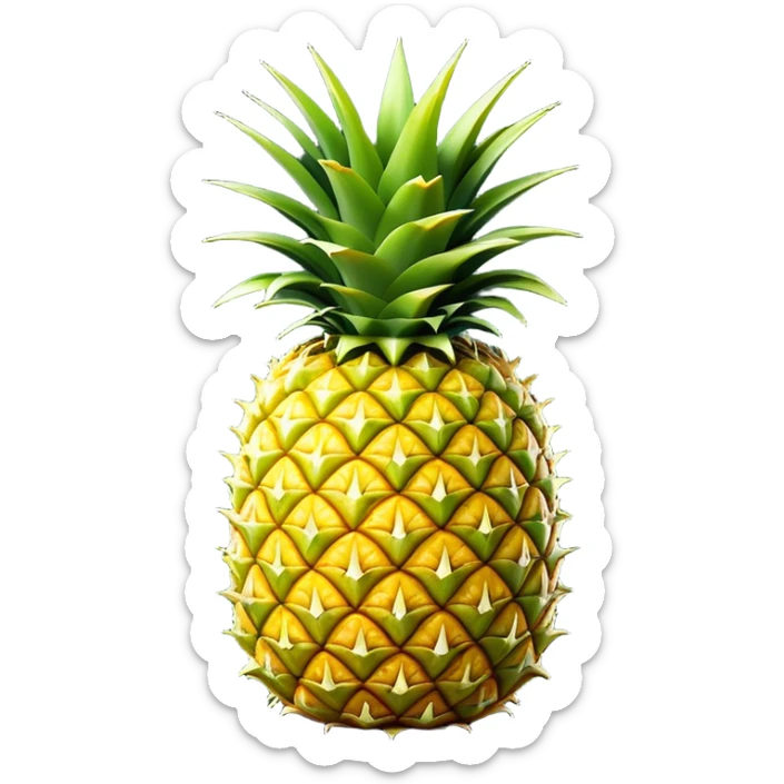 Cinematic Realistic Pineapple Emoji, Tropical and vibrant, with a golden-yellow textured skin and a crown of spiky green leaves on top. The body of the fruit is sharply geometric, its surface rich with natural patterns. Soft glowing outline, capturing the essence of exotic sweetness and tropical flair in a fresh pineapple! sticker