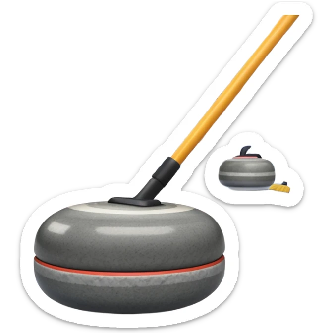 An icon showing a detailed close-up of a curling stone sliding across the ice, with a broom in motion beside it. The background features an indoor stadium with cheering spectators on the stands. Transparent background captures the strategy and focus of curling. sticker