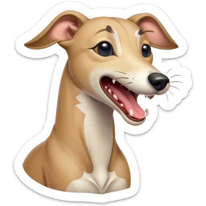 Cinematic Cute Yawning Fawn Greyhound Portrait Emoji, Head tilted slightly with a dramatic, wide-open yawn, showcasing a smooth fawn Fur with a refined finish, floppy ears slightly drooping, round eyes barely open in drowsy contentment, Simplified yet irresistibly adorable features, highly detailed, glowing with a soft, cozy glow, high shine, relaxed yet expressive, stylized with a touch of whimsy, bright and endearing, soft glowing outline, capturing the essence of a sleepy yet affectionate companion, so drowsy it feels like it could stretch out of the screen and curl up for a nap! sticker