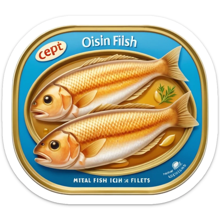 oval metal tin slightly open revealing firm light brown fish fillets packed in oil with soft sheen and visible grain shallow can with rolled edge typical of preserved fish packaging no fork herbs or label just opened tin and fish soft lighting subtle shadows emoji scale sticker