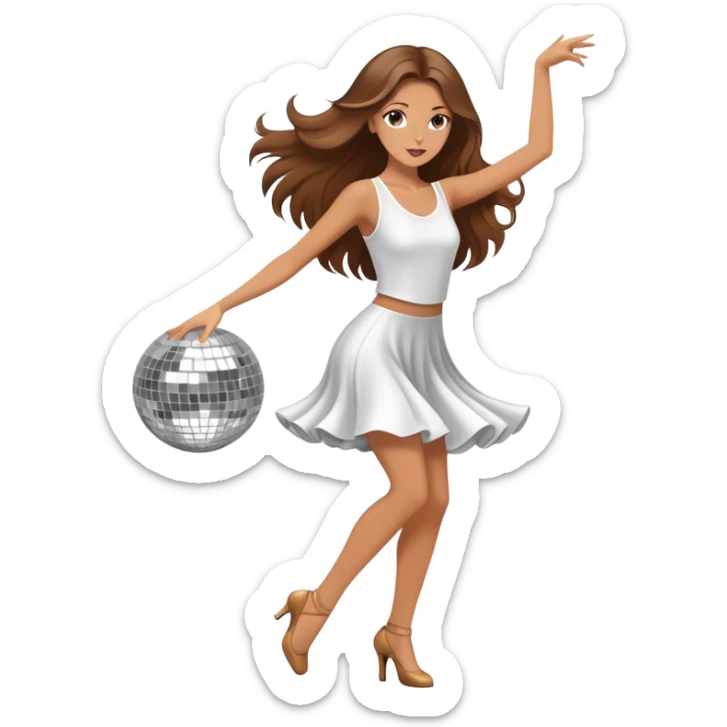 Girl with long brown hair  white girl dancing like nobody’s watching, elegant quirky  discoball in background  sticker