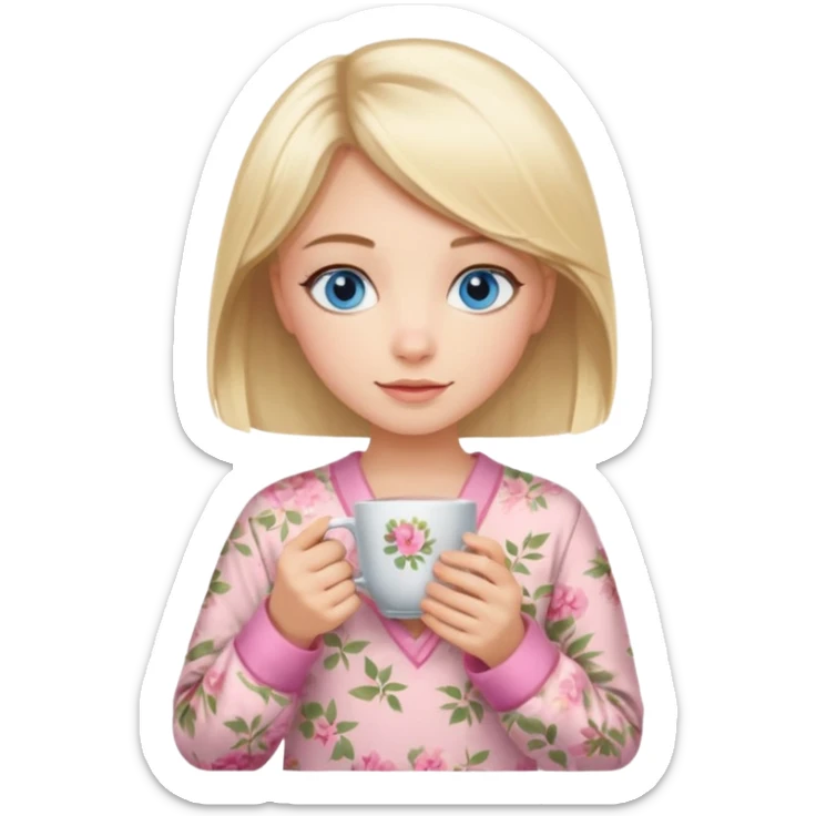 Blue eyed girl with middle length blond hair in floral beige pijamas is holding a pink cup of tea sticker