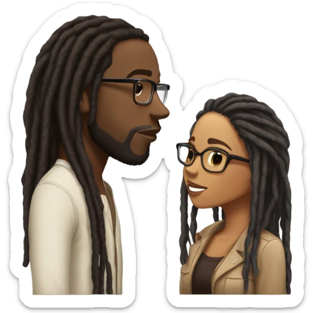 black couple with locs, male lightskin with long black locs, female brown skin with glasses and brown locs tied up kissing sticker