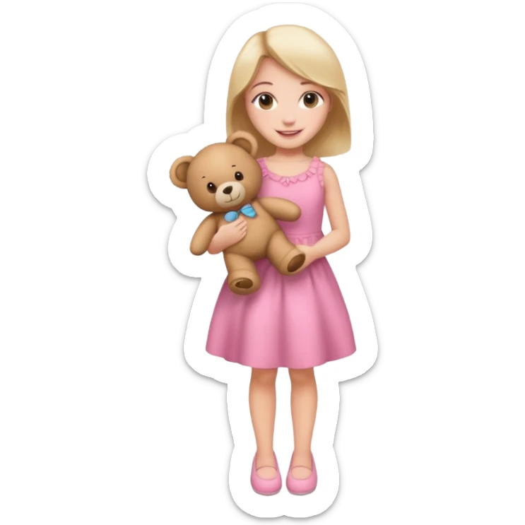 kid Girl in pink dress holding teddy bear, full body sticker