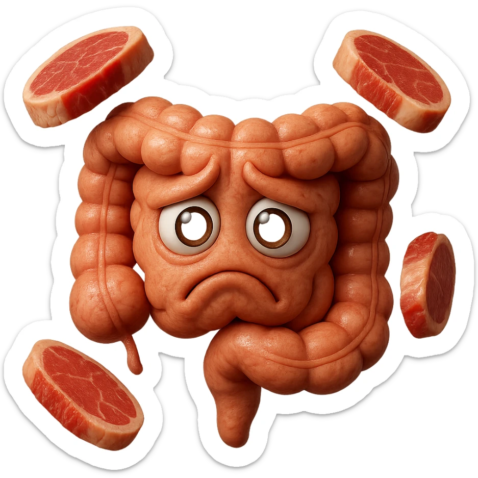 emoji stile iphone in 3d di un intestino triste con fette di carne che gli fluttuano intorno, gli occhi falli con la parte bianca pure, iperrealistico 4k sticker