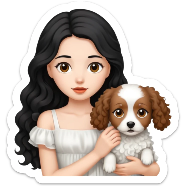 beautiful girl with long black hair in a white dress holding a small brown curly-haired dog sticker
