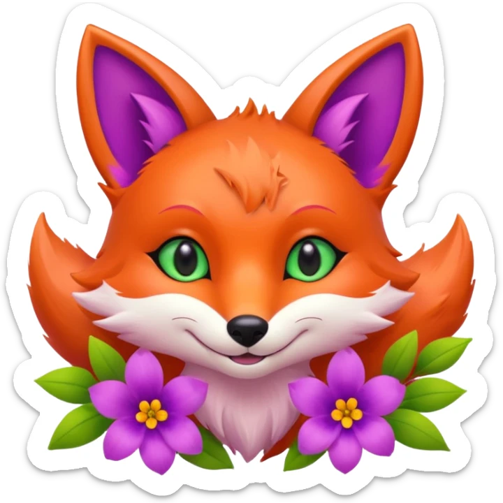 Smiling Pink Fox with green eyes  and orange and purple flowers  sticker