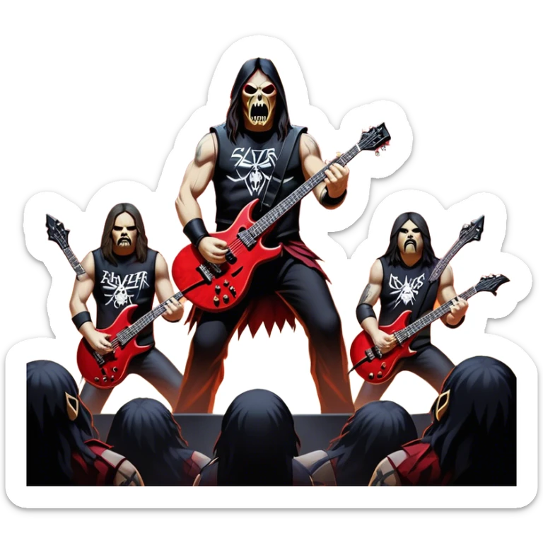 Icon for Heavy Metal: Slayer band on stage during a live concert, with guitars, drums, and intense lighting effects. The atmosphere is charged with energy, and the iconic Slayer logo is visible. Transparent background. sticker