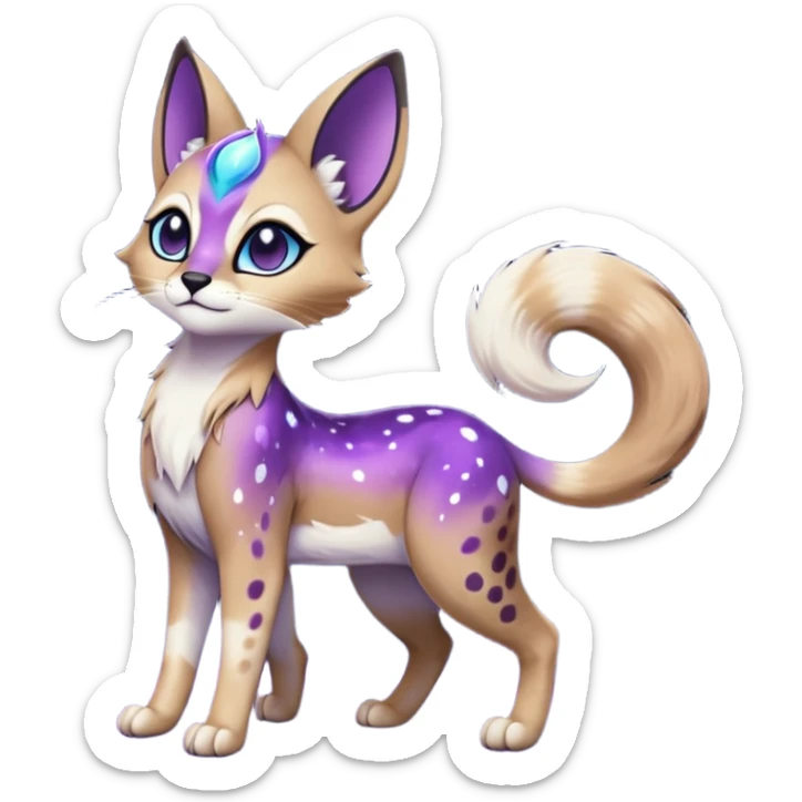 Colorful black-violet-indigo-purple-gradients nebulae nebula starry galactical shiny white-stars-spotted glorious iridescent divine exotic cute cool beautiful realistic Meloetta-caracal-civet-sergal-oncilla-animal-Fakémon-hybrid-fursona (full body) sticker