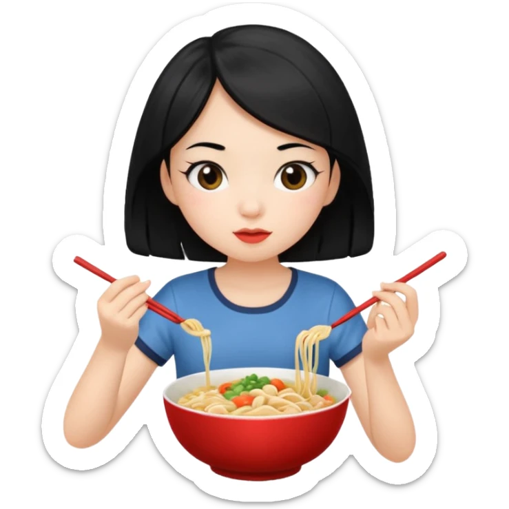 girl with black hair in short sleeves eating noodles with a spoon and chopsticks sticker