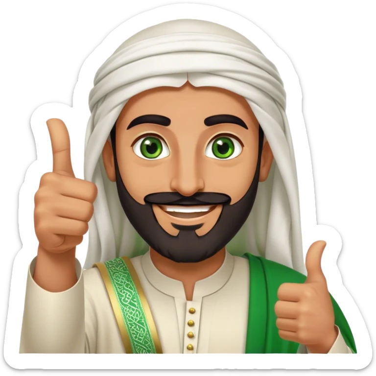"Tanned Arab Saudi man with green eyes and a beard, wearing an agal and traditional attire, smiling happily and giving a big thumbs-up sticker