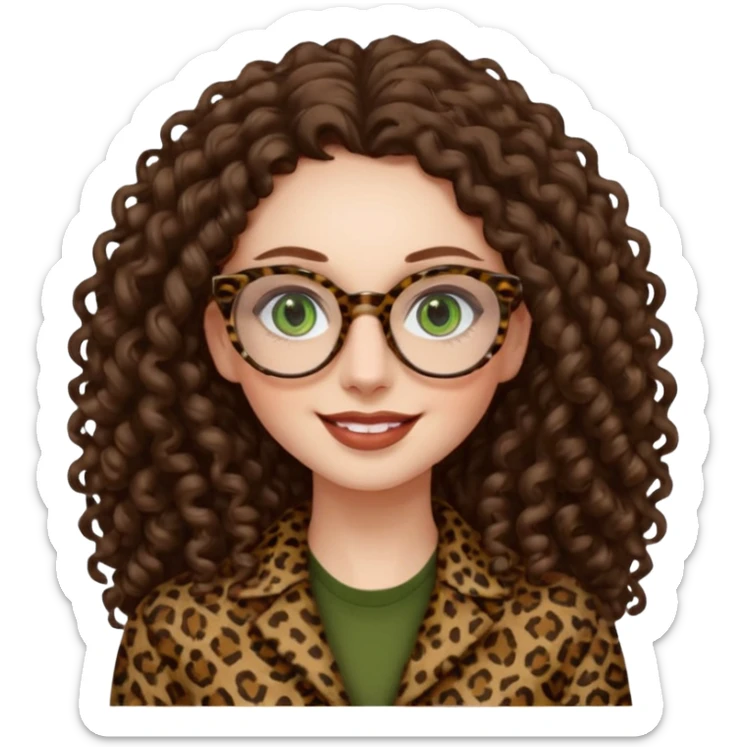 a green eyed woman with very very long brunette curly hair, full lips,and pale skin. She is wearing a leopard printed thin round-ish glasses . She is wearing fully brown clothes. She is gretting smiling sticker