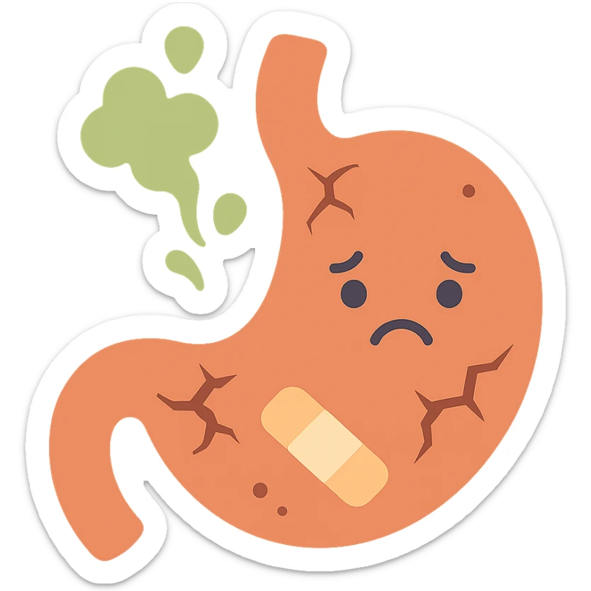 cartoon icon of a stomach character with cracks or holes, sad face, acid splashes, bandages, cute but informative medical style sticker