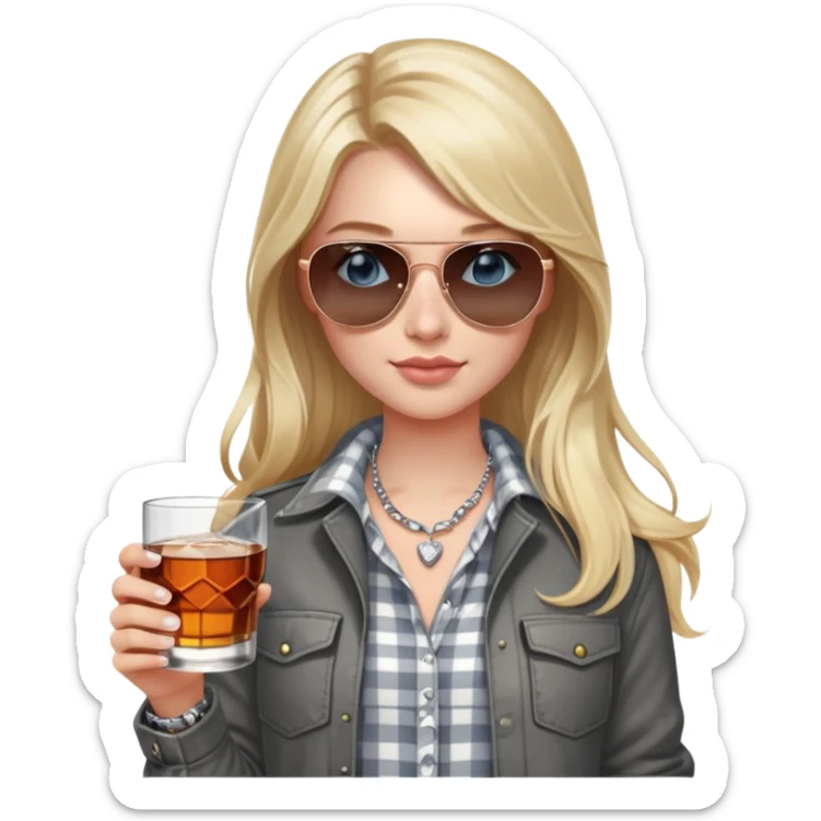 girl
blue eyes
long blond hair with daisy in it
wearing grey/white plaid shirt
wearing aviator sunglasses
wearing silver necklace around her neck
holding a glass of whiskey 
wearing rose gold apple watch  sticker