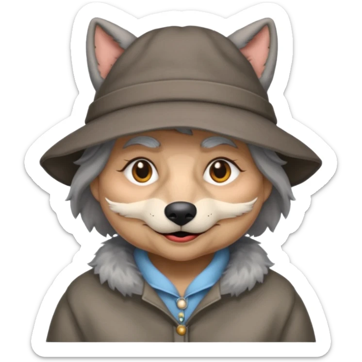 The big bad wolf is wearing Grandma's clothes and a hat, yet its face still looks like a wolf's. sticker