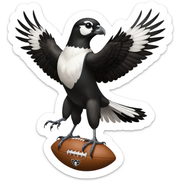 A magpie standing on top of a hawk that's tiered and the magpies holding a afl ball sticker