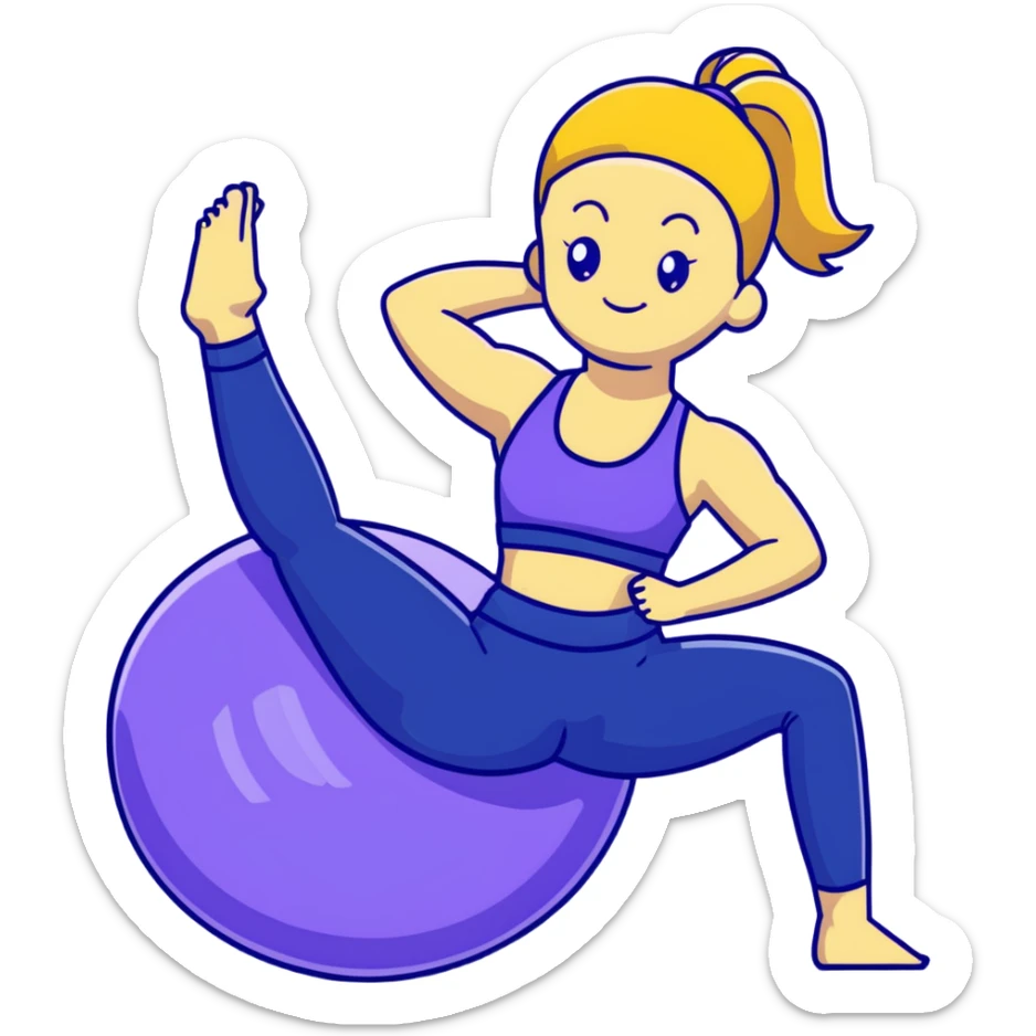Yellow-skinned girl with high ponytail wearing blue sports bra and navy yoga pants doing yoga with a large exercise ball sticker