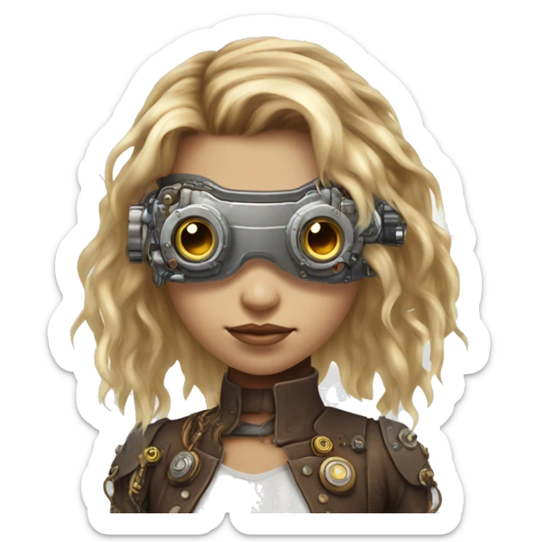 Brown long hair with blonde steaks female cyborg head, fair skin, steampunk goggles and circuits sticker