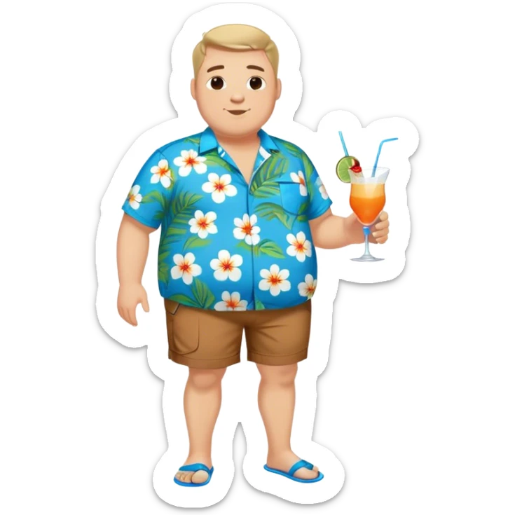 chubby guy full figure in a flowered azure havai shirt, brown shorts and flippers holding a cocktail sticker