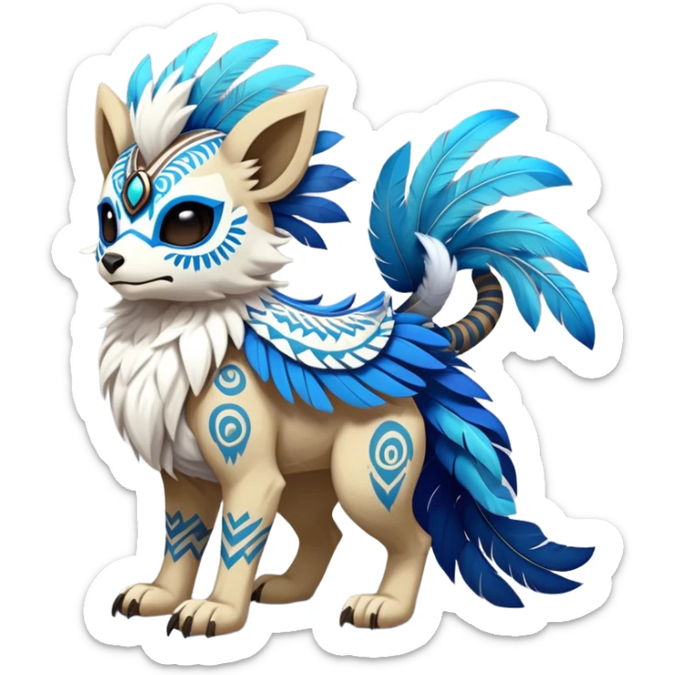 Furry cute colorful exotic tribal feral anime-styled Fakémon-Pokémon-animal-creature with a skull mask, and a feather-mane-collar, and blue feathers, no ears, earless, long furry tail, 4 legs, (full body), with intricate pattern-markings sticker